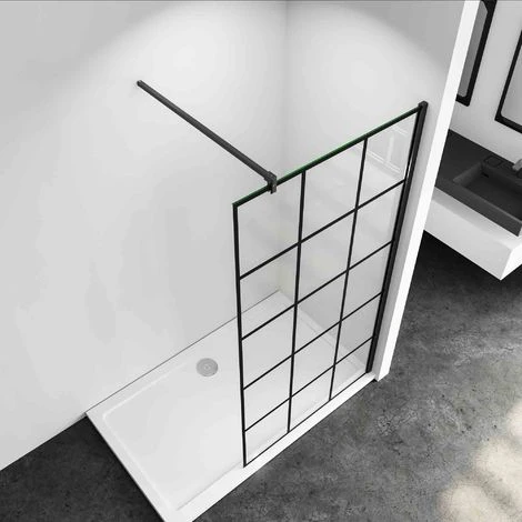 80x200cm Mamparas De Ducha Pantalla Panel Fijo Estilo Industrial Negro Mate Con Cuadrados Cristal Antical 8mm Con Barra 90cm 4 80x200cm Mamparas De Ducha Pantalla Panel Fijo Estilo Industrial Negro Mate Con Cuadrados Cristal Antical 8mm Con Barra 90cm - Imagen 2