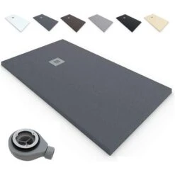 Plato De Ducha RESINA - Extraplano Antideslizante - EstiloBaño® Terra - 【 70x 80 - GRAFITO】 - Textura PIZARRA -incluye Válvula Y Rejilla