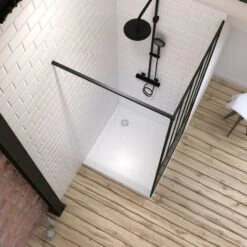 Pack Mampara De Ducha 90x200 Cm Negro Mate - Vidrio Templado 5mm + Plato Cuadrado Blanco Acabado Piedra -Hogar Baño Tienda 36424143 2