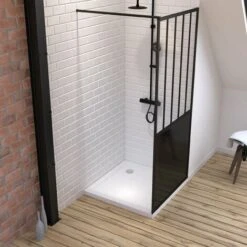 Pack Mampara De Ducha 90x200 Cm Negro Mate - Vidrio Templado 5mm + Plato Cuadrado Blanco Acabado Piedra -Hogar Baño Tienda 36424143 3