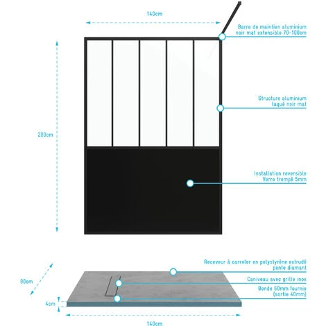 Pack Mampara De Ducha 140x200 Cm Negro Mate + PLATO DE DUCHA ALICATADOS 90x140CM RECUPERABLE 6 Pack Mampara De Ducha 140x200 Cm Negro Mate + PLATO DE DUCHA ALICATADOS 90x140CM RECUPERABLE - Imagen 4
