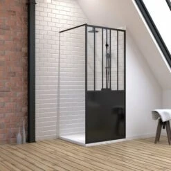 Pack Mampara De Ducha 90x200 Cm Negro Mate + Plato De Suelo Extraplano Canal 90X90 Cm