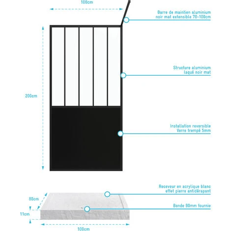 Pack Mampara De Ducha 100x200 Cm Negro Mate + Plato Superior 100x80 Efecto Piedra Blanca 6 Pack Mampara De Ducha 100x200 Cm Negro Mate + Plato Superior 100x80 Efecto Piedra Blanca - Imagen 4