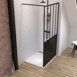 Pack Mampara De Ducha 100x200 Cm Negro Mate + Plato Extraplano De Pie 100x80 Canal Efecto Piedra Blanca -Hogar Baño Tienda 37658617 3