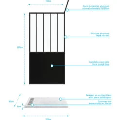 Pack Mampara De Ducha 100x200 Cm Negro Mate + Plato Extraplano De Pie 100x80 Canal Efecto Piedra Blanca -Hogar Baño Tienda 37658617 4