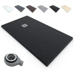 Plato De Ducha RESINA - Extraplano Antideslizante - EstiloBaño® Terra - 【 70x 80 - NEGRO】 - Textura PIZARRA - Incluye Válvula Y Rejilla