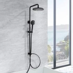 CECIPA Columna De Ducha Sistema De Ducha Negro Sin Grifería, Set De Ducha Efecto Lluvia Con Rociador Redondo De 22 Cm Y Teleducha 3 Modos, Regulable En Altura