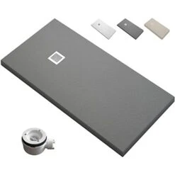 Plato De Ducha RESINA - Extraplano Antideslizante - EstiloBaño® Dacota - 【 70x 90 - GRAFITO】 - Textura PIZARRA - Incluye Válvula Y Rejilla