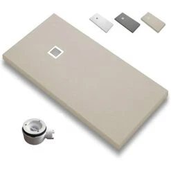 Plato De Ducha RESINA - Extraplano Antideslizante - EstiloBaño® Dacota - 【 70x 90 - CREMA】 - Textura PIZARRA - Incluye Válvula Y Rejilla