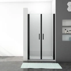 Mampara De Ducha Frontal Abatible Dos Hojas, 8mm Cristal Templado Antical, Marco De Aluminio Negro, 80x200cm