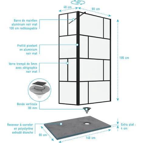 Paquete De Pared De Ducha 90x195 + 40 Cm + Bandeja De Mosaico 90x140 + 100 Cm Barra De Fijación - BLOCKS 90 6 Paquete De Pared De Ducha 90x195 + 40 Cm + Bandeja De Mosaico 90x140 + 100 Cm Barra De Fijación - BLOCKS 90 - Imagen 4