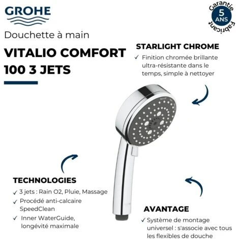 GROHE Vitalio Comfort 100 Teleducha De 3 Chorros Cromo 5 GROHE Vitalio Comfort 100 Teleducha De 3 Chorros Cromo - Imagen 3
