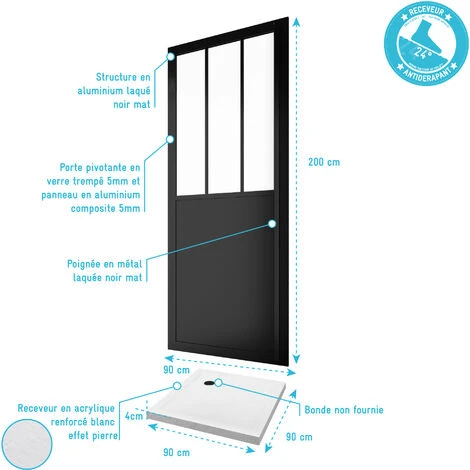 Puerta De La Ducha De Pared De Paquete 90x200cm Y Receptor - Perfil Negro De Estera - Glass De 5 Mm + Destinatario 6 Puerta De La Ducha De Pared De Paquete 90x200cm Y Receptor - Perfil Negro De Estera - Glass De 5 Mm + Destinatario - Imagen 4