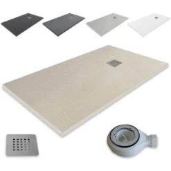 PLATO DE DUCHA RESINA EXTRAPLANO Outletaseo® - ANTIDESLIZANTE TEXTURA PIZARRA -【60x60 Cm, BEIGE-1172】 - Incluye Válvula Desagüe+Rejilla -