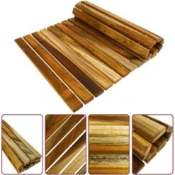 PrixPrime - Tarima Ideal Para Ducha Y Baño De Diseño Enrollable De 60 X 40 Cm De Madera Teca Certificada -Hogar Baño Tienda 82140557 3