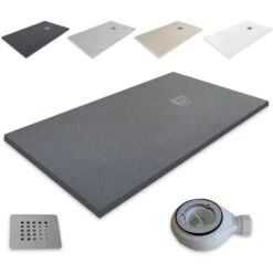 PLATO DE DUCHA RESINA EXTRAPLANO Outletaseo® - ANTIDESLIZANTE TEXTURA PIZARRA -【70x80 Cm, GRIS GRAFITO RAL-7015】 - Incluye Válvula Desagüe+Rejilla -