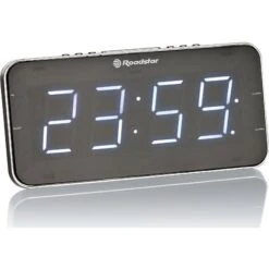Roadstar CLR-2615 Radio Reloj Despertador Digital PLL FM 2 Alarmas, Gran Pantalla LCD, Snooze, Temporizador, Slim Negro/Plata