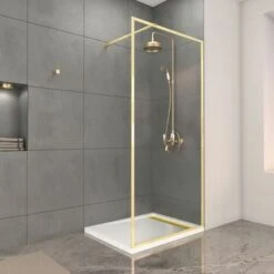 Mampara De Ducha 100x200cm Acabado Oro Cepillado + Plato De Ducha Blanco 100x80x4cm