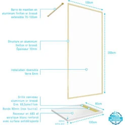 Mampara De Ducha 100x200cm Acabado Oro Cepillado + Plato De Ducha Blanco 100x80x4cm -Hogar Baño Tienda 89607375 4