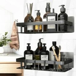 Juego De 2 Estantes De Ducha Sin Taladrar, Estante De Pared De Baño De Aluminio Con 4 Ganchos, Soporte De Ducha Autoadhesivo, Almacenamiento De Ducha Para Baño/cocina/dormitorio