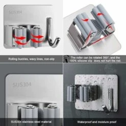 Juego De 4 Soportes Para Escobas De Pared - Acero Inoxidable - Con 1 Gancho Y 1 Abrazadera Rápida Para Fregona, Escoba Y Herramienta De Jardinería -Hogar Baño Tienda 95464467 4